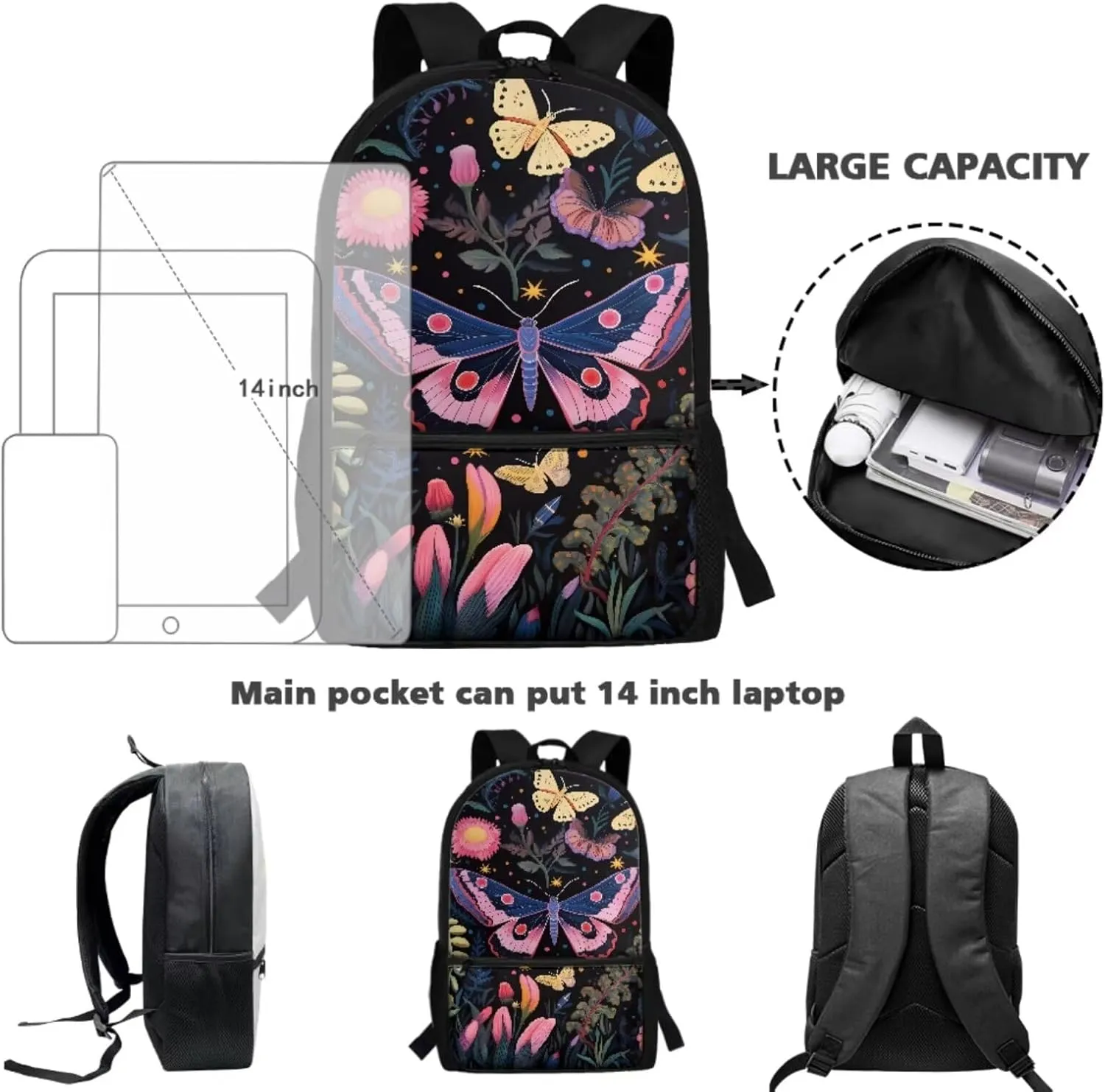 School Backpack Girls 8-10 Butterfly 3 Piece School Bags Set with Lunchbox Pencil Case Teens Middle School Large Bookbag Student Hiking Camping Backpacks Daycare Bag for High School