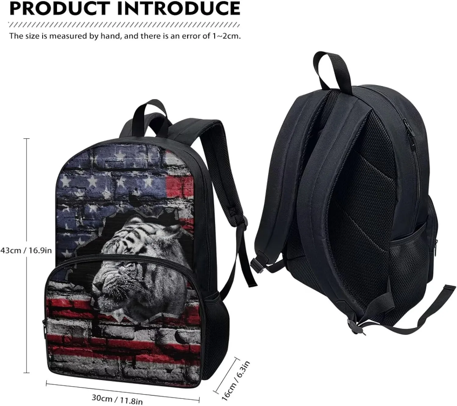 School Backpack Grunge USA Flag Tiger Print Laptop Computer Backpack 17 Inch Backpacks with Side Pockets for Student Travel Bag Daypack Rucksack for Boys Girls Outdoor
