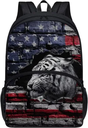 School Backpack Grunge USA Flag Tiger Print Laptop Computer Backpack 17 Inch Backpacks with Side Pockets for Student Travel Bag Daypack Rucksack for Boys Girls Outdoor