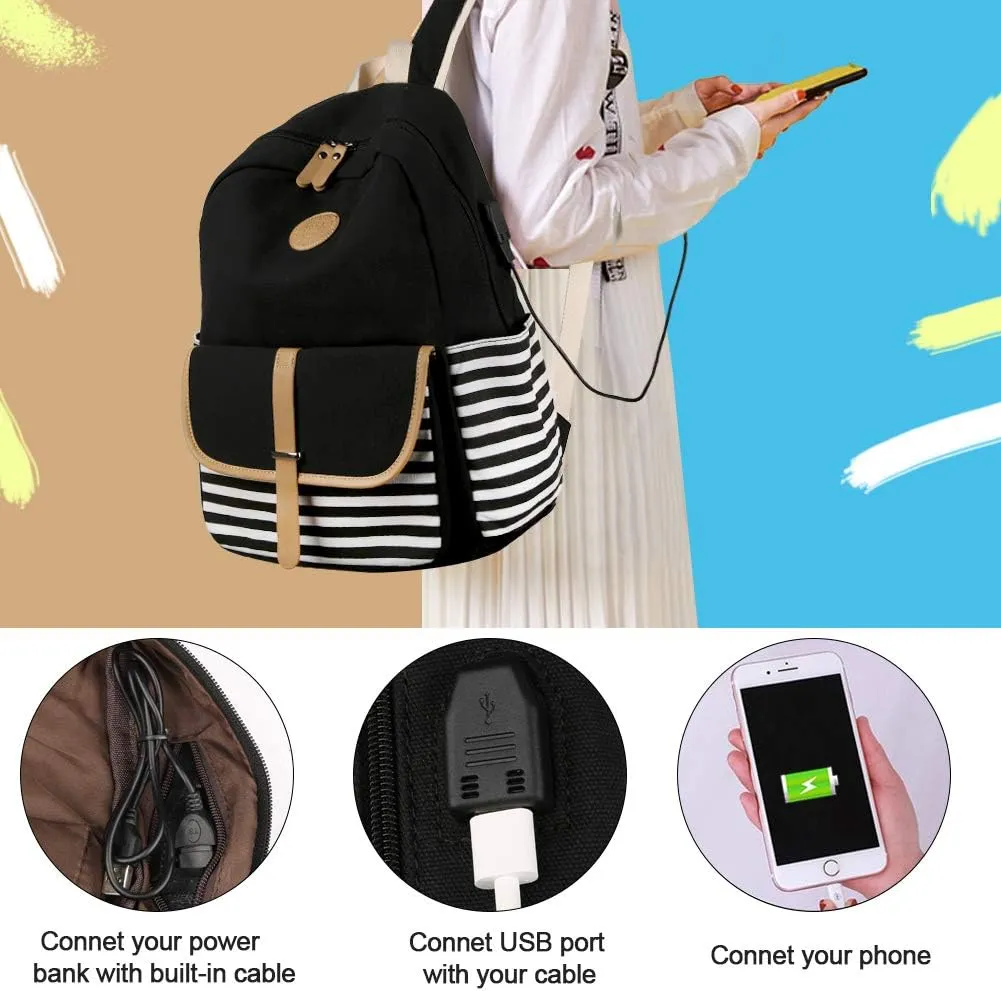 SCIONE Backpacks for Women Teen Girls, Big Kid Large Capacity Book Bag with USB Charger Port,Cute Canvas Bookpack -Durable Black Stripe Backpack,Travel Laptop Backpack,Back to School Gift for Girls