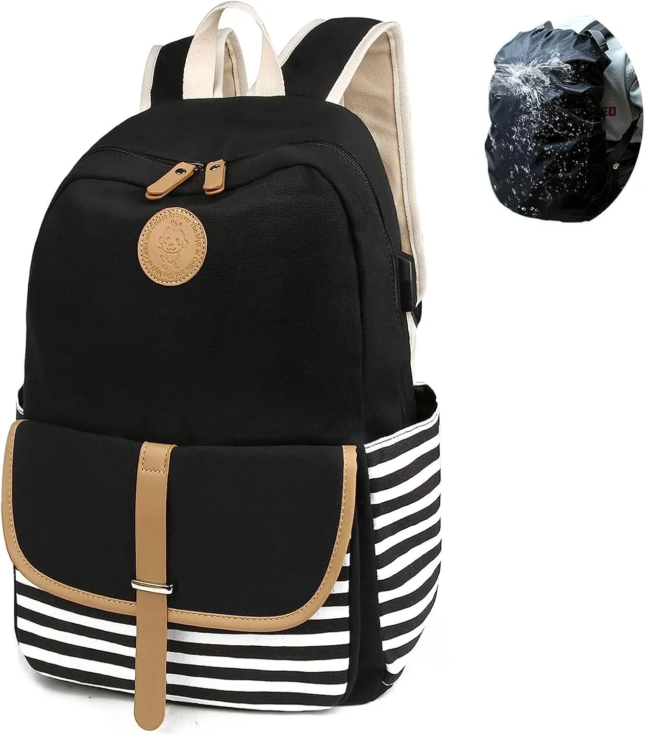 SCIONE Backpacks for Women Teen Girls, Big Kid Large Capacity Book Bag with USB Charger Port,Cute Canvas Bookpack -Durable Black Stripe Backpack,Travel Laptop Backpack,Back to School Gift for Girls