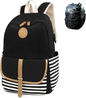 SCIONE Backpacks for Women Teen Girls, Big Kid Large Capacity Book Bag with USB Charger Port,Cute Canvas Bookpack -Durable Black Stripe Backpack,Travel Laptop Backpack,Back to School Gift for Girls