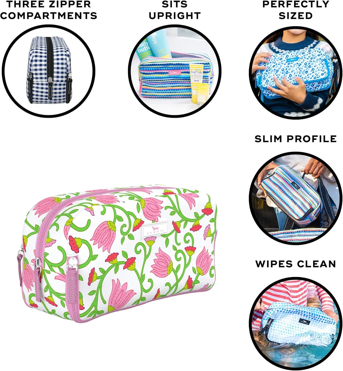 SCOUT 3-Way Bag - Travel Makeup Pouch and Toiletry Bag for Women with Three Zipper Compartments - Stands Upright, Wipes Clean