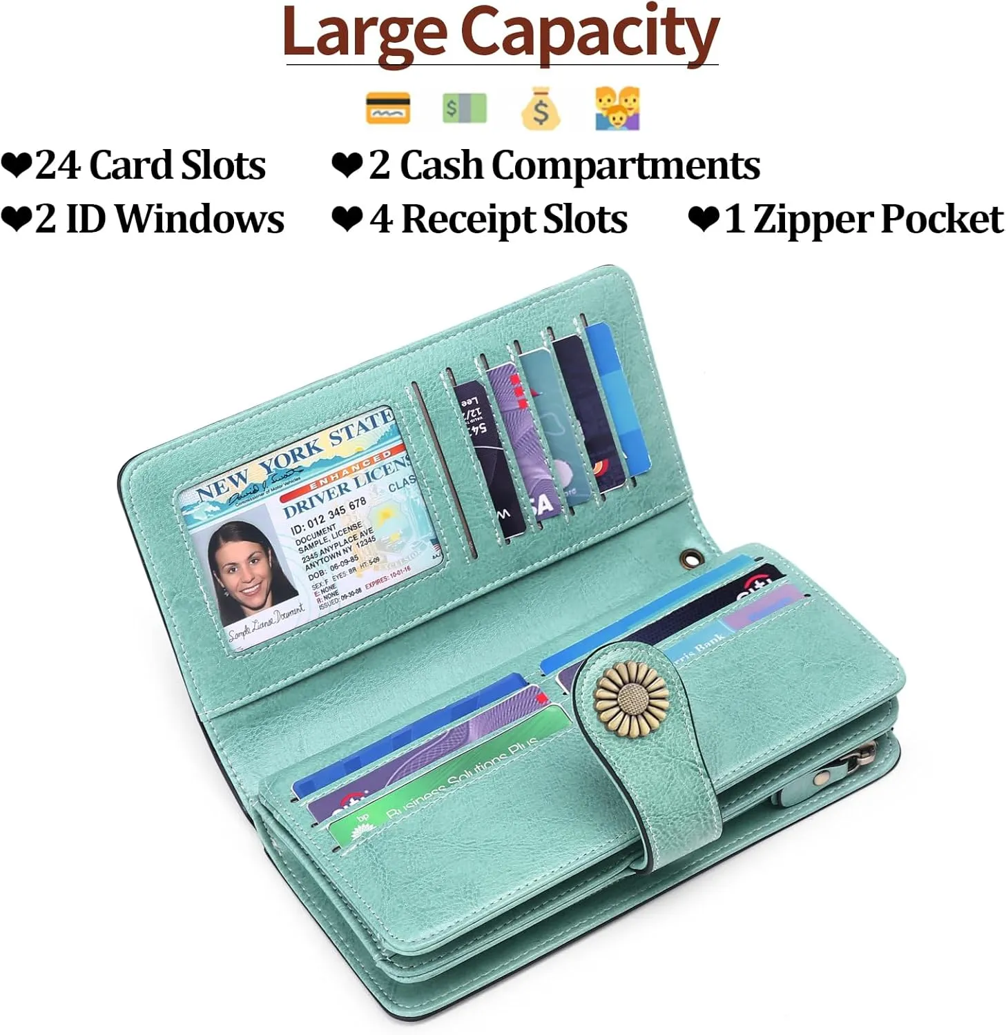 SENDEFN Wallets for Women Leather Credit Card Holder with RFID Blocking Large Capacity Wristlet