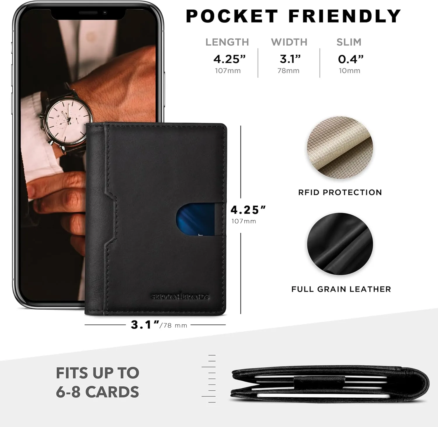 SERMAN BRANDS Wallets for Men Slim Mens leather RFID Blocking Minimalist Card Front Pocket Bifold Travel Thin