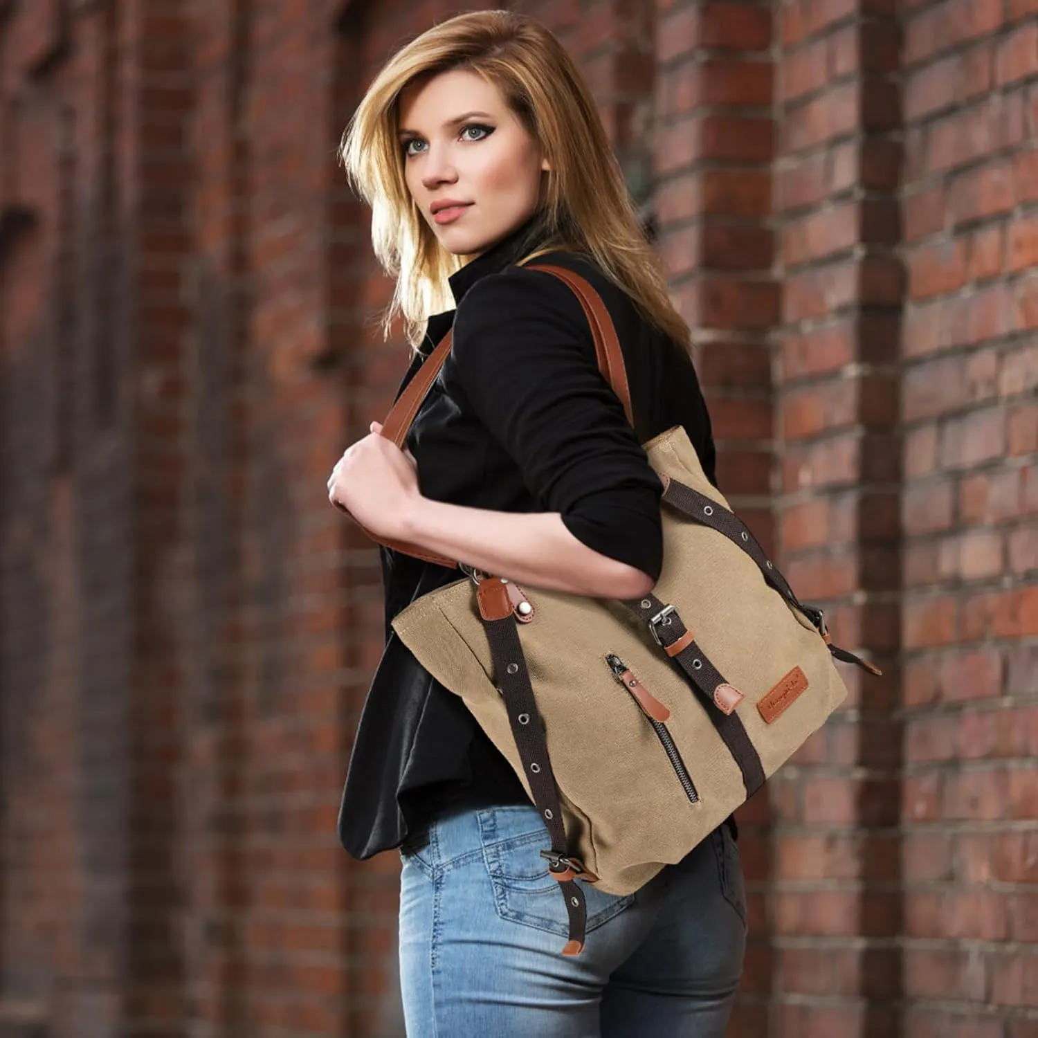 SHANGRI-LA Canvas Tote Handbag Casual Purse Shoulder Bag for Women Convertible Backpack