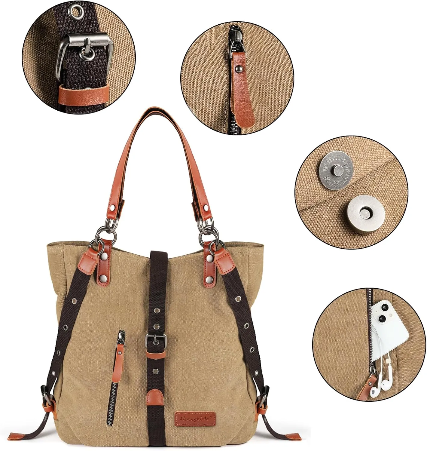 SHANGRI-LA Canvas Tote Handbag Casual Purse Shoulder Bag for Women Convertible Backpack