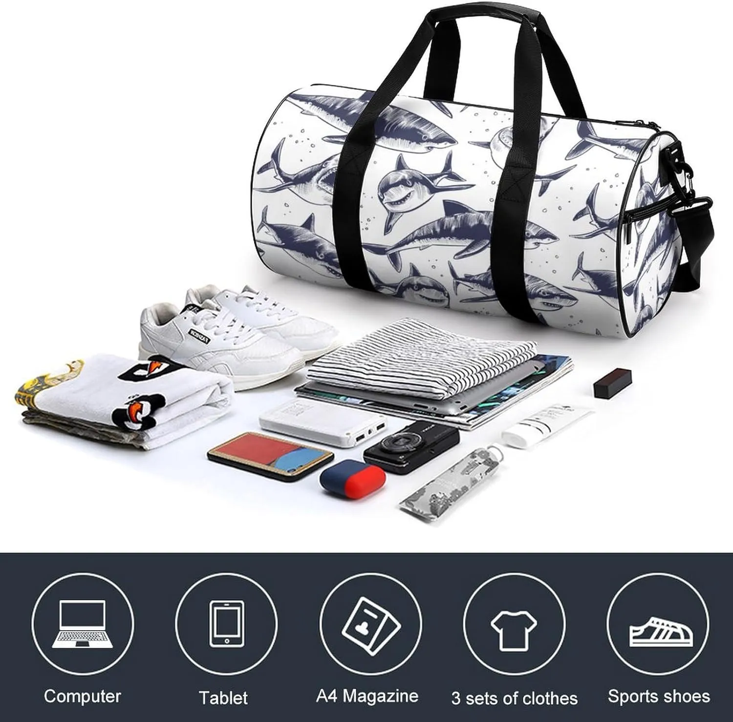 Sharks Duffelbag Utility Bag Lightweight Duffelbag Picnic Bags Gym Satchel Durable Handbag Overnighter Duffles 17.7in/9in/9in