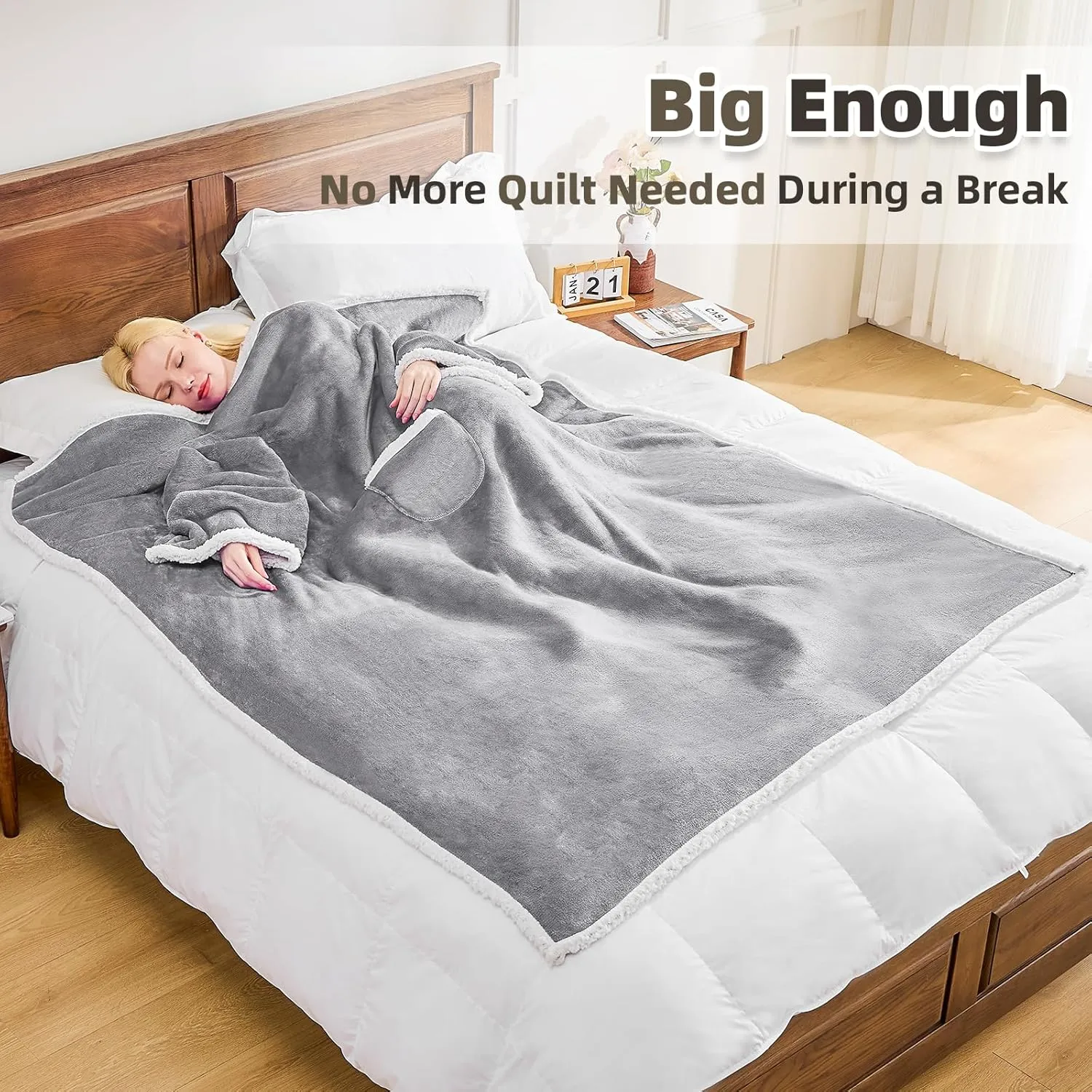 Sherpa Wearable Blanket with Sleeves for Women Men Adults, Cozy Wearable Blanket with Arm and Pocket, Warm Full Body TV Wrap Throw Blanket, Soft Robe Blanket as Gifts for Mom Wife, Grey