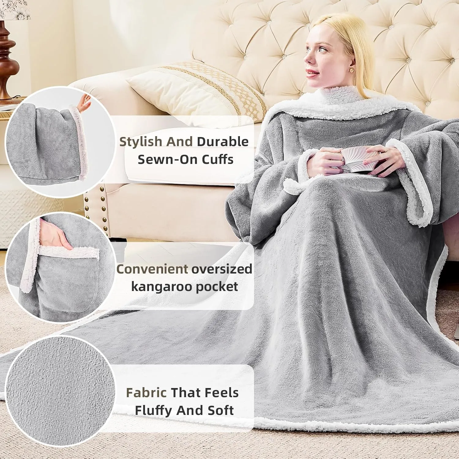 Sherpa Wearable Blanket with Sleeves for Women Men Adults, Cozy Wearable Blanket with Arm and Pocket, Warm Full Body TV Wrap Throw Blanket, Soft Robe Blanket as Gifts for Mom Wife, Grey