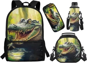 Showudesigns Crocodile Backpack with Lunch Box Kids Boys Elementary/Middle School Bag Girls Bookbag Lunch Bag Pencil Case Water Bottle Holder 17inch Travel Daypack Back To School Daycare Bag 4 In 1