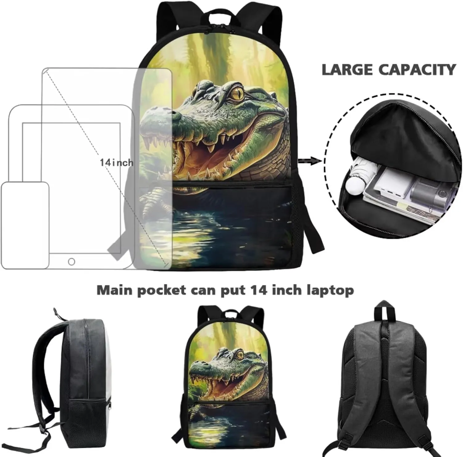 Showudesigns Crocodile Backpack with Lunch Box Kids Boys Elementary/Middle School Bag Girls Bookbag Lunch Bag Pencil Case Water Bottle Holder 17inch Travel Daypack Back To School Daycare Bag 4 In 1