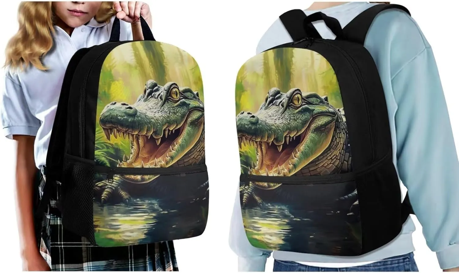 Showudesigns Crocodile Backpack with Lunch Box Kids Boys Elementary/Middle School Bag Girls Bookbag Lunch Bag Pencil Case Water Bottle Holder 17inch Travel Daypack Back To School Daycare Bag 4 In 1