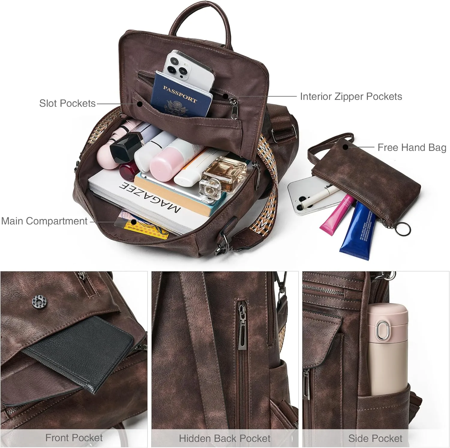 Shrrie Backpack Purse for Women Fashion Leather Backpack Purse Designer Travel Backpack Convertible Shoulder Bag with Wristlet for Work College