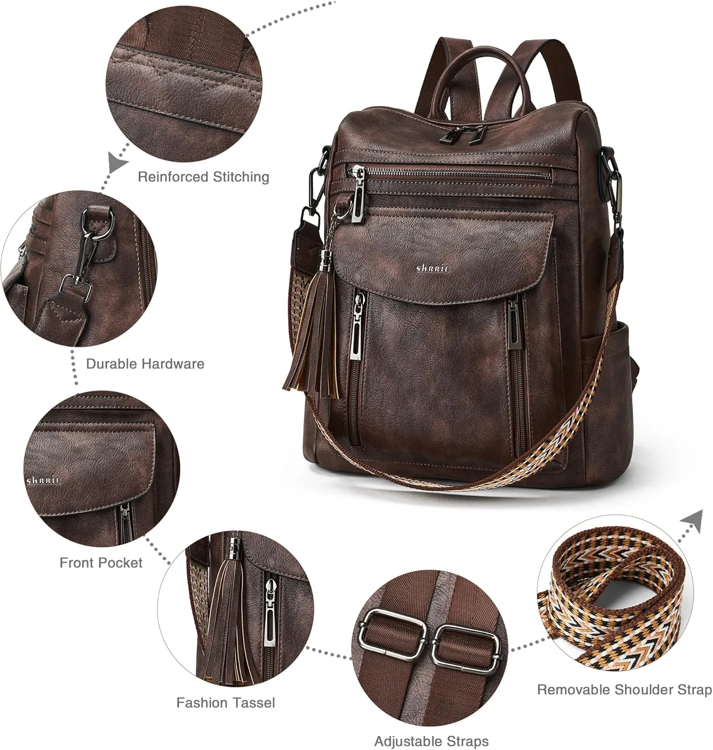 Shrrie Backpack Purse for Women Fashion Leather Backpack Purse Designer Travel Backpack Convertible Shoulder Bag with Wristlet for Work College