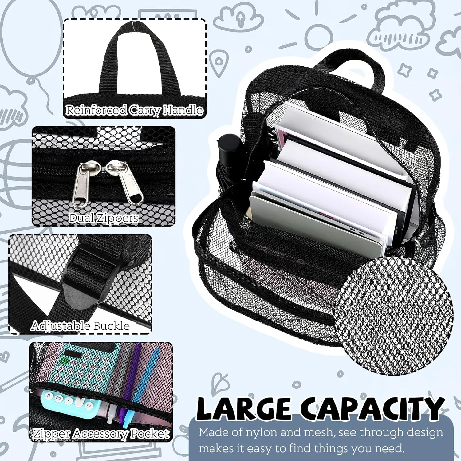 Silkfly 18 Pcs Mesh Backpacks Heavy Duty Backpack with Padded Straps for School Swimming Outdoor Sports(Black)