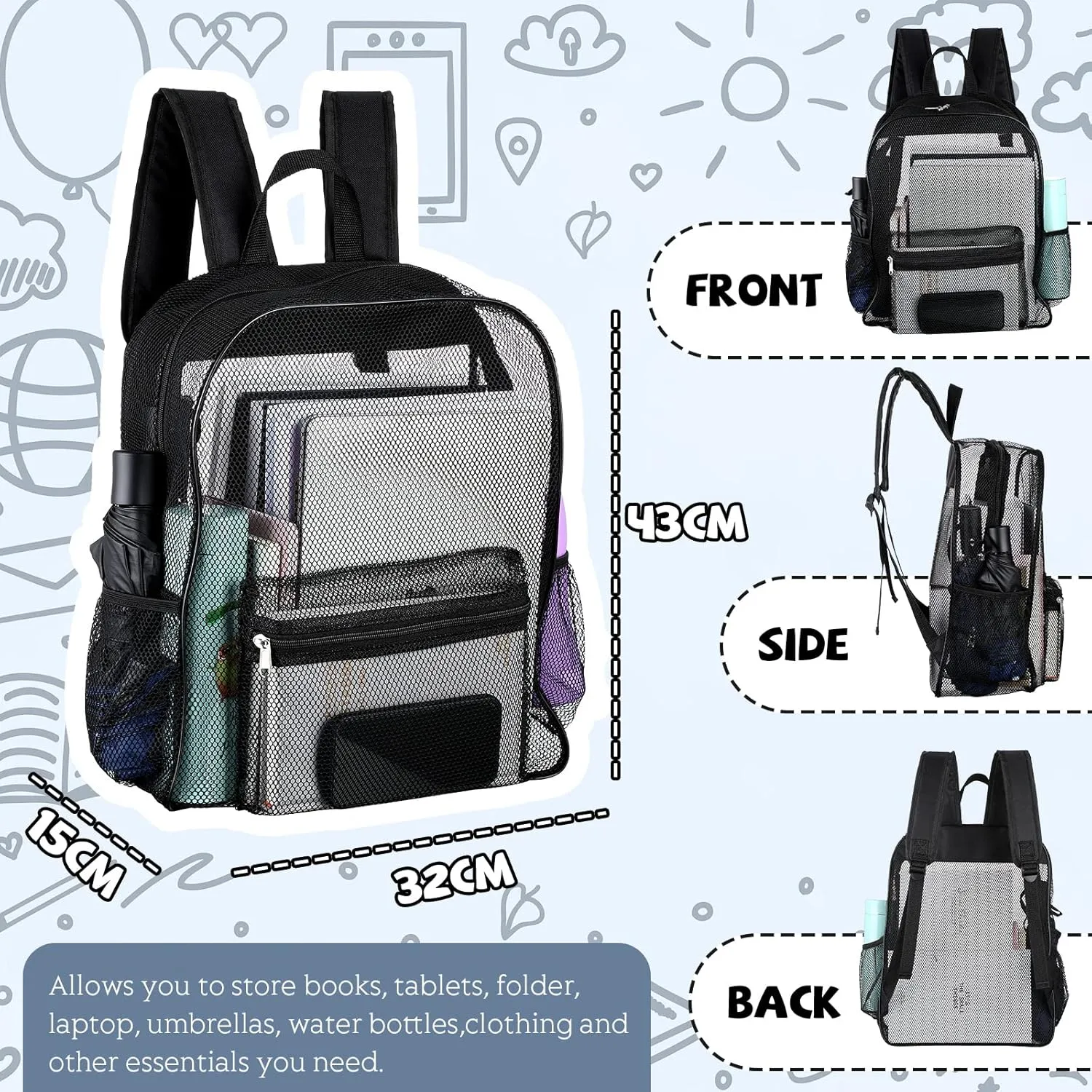 Silkfly 18 Pcs Mesh Backpacks Heavy Duty Backpack with Padded Straps for School Swimming Outdoor Sports(Black)