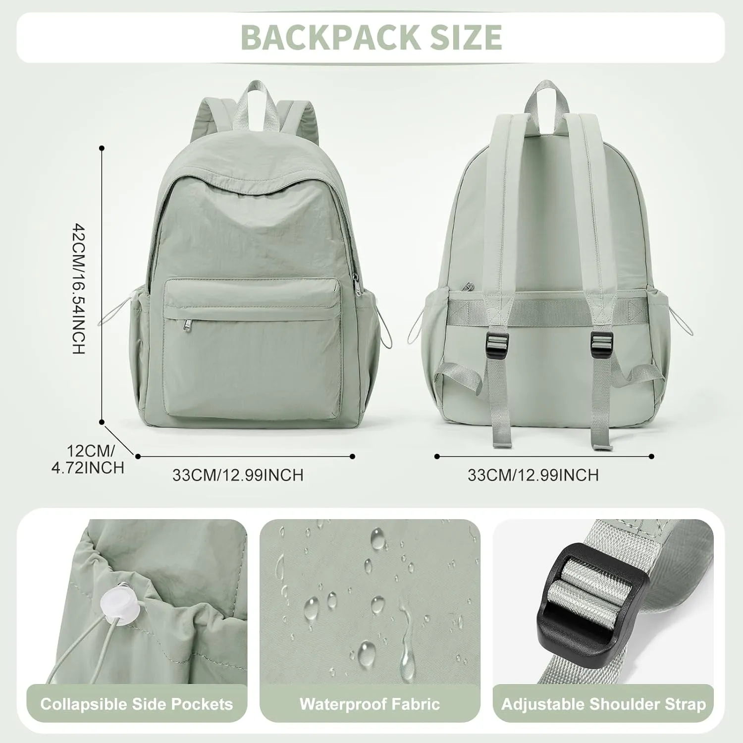 Simple School Backpack For Women Men Aesthetic Medium Backpack Lightweight Casual Daypack College Backpacks Cute Bookbag for Teens Girls Boys Basic Bagpack（Green）