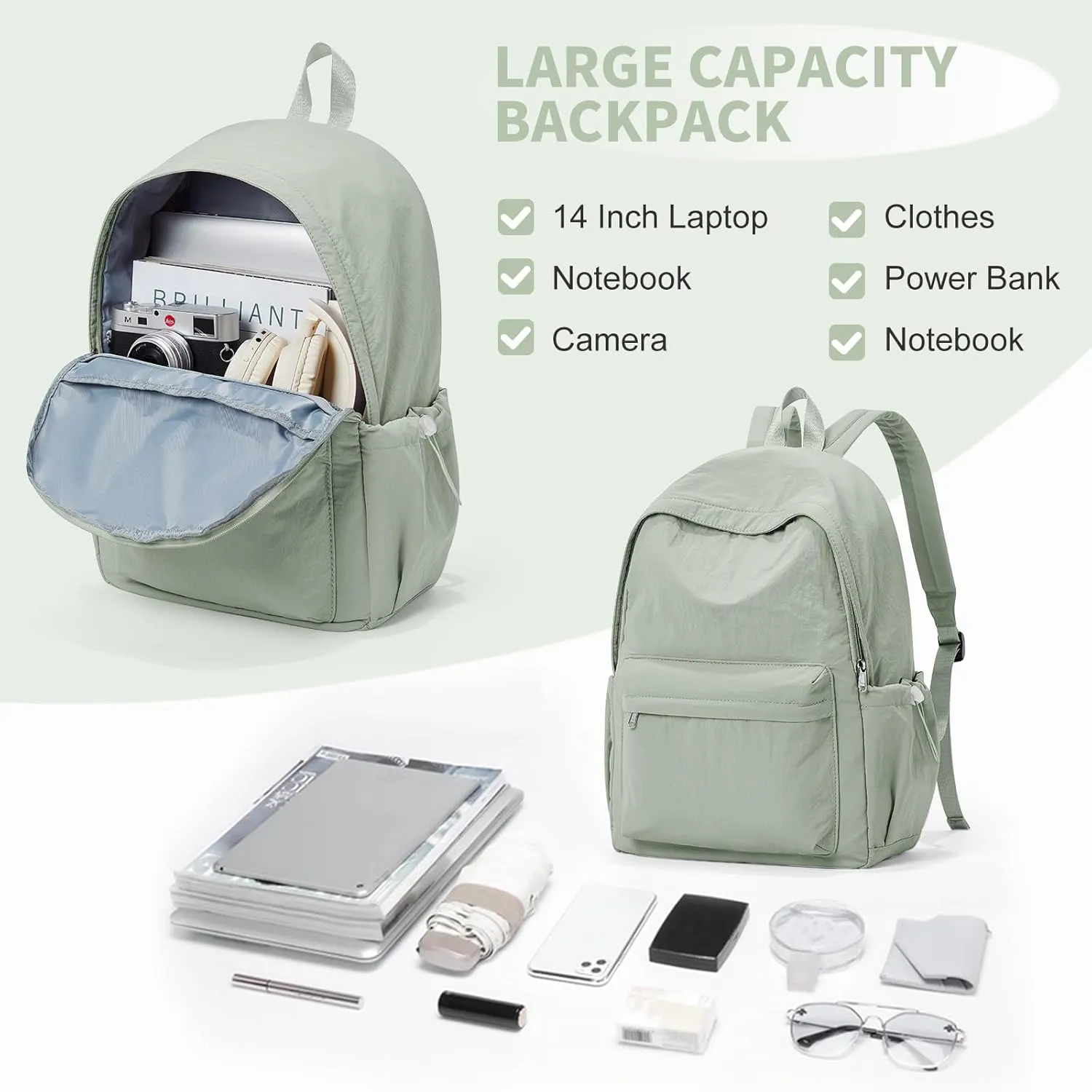 Simple School Backpack For Women Men Aesthetic Medium Backpack Lightweight Casual Daypack College Backpacks Cute Bookbag for Teens Girls Boys Basic Bagpack（Green）