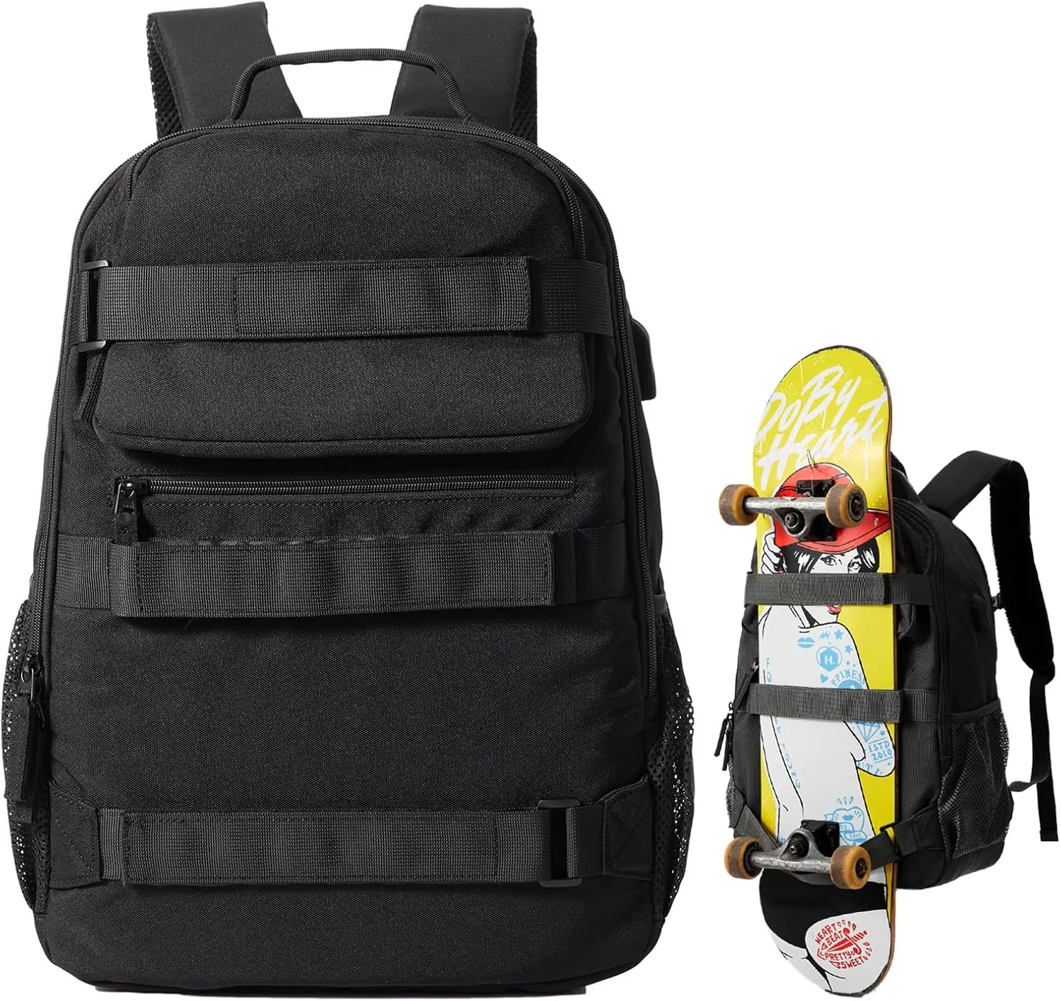 Skateboard Backpack, Large Skateboard Bag for Men and Women Laptop Bag with USB Port, for Skateboarding, College, Travel (Black)