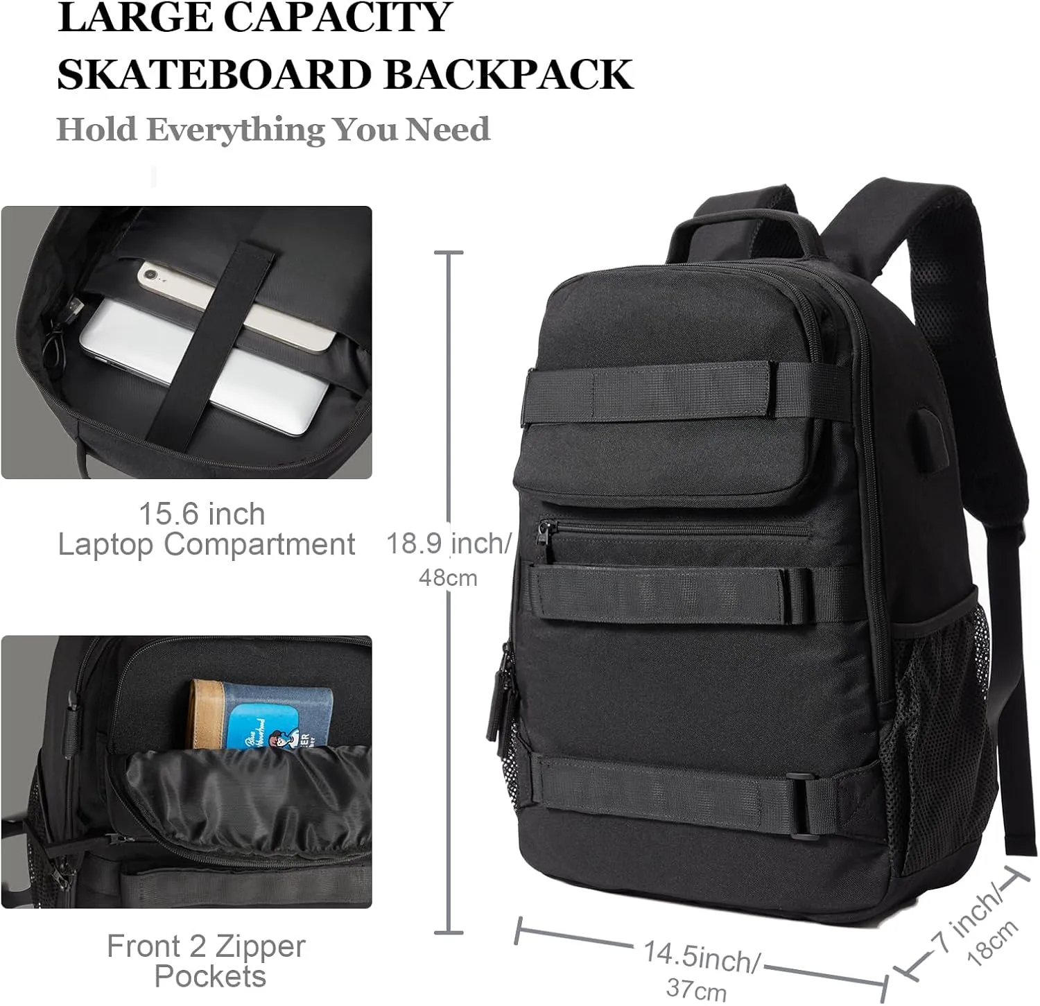 Skateboard Backpack, Large Skateboard Bag for Men and Women Laptop Bag with USB Port, for Skateboarding, College, Travel (Black)