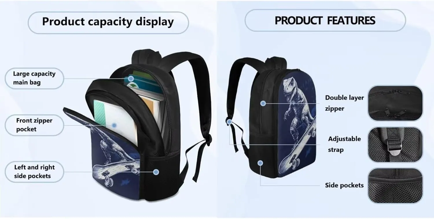 Skateboard Dinosaur Backpack Set for Boys with Lunch Box Kids Lightweight Bookbags with Leakproof Water Bottle and Water Bottle Sleeve for Elementary Middle School Bags Rucksack Daypack