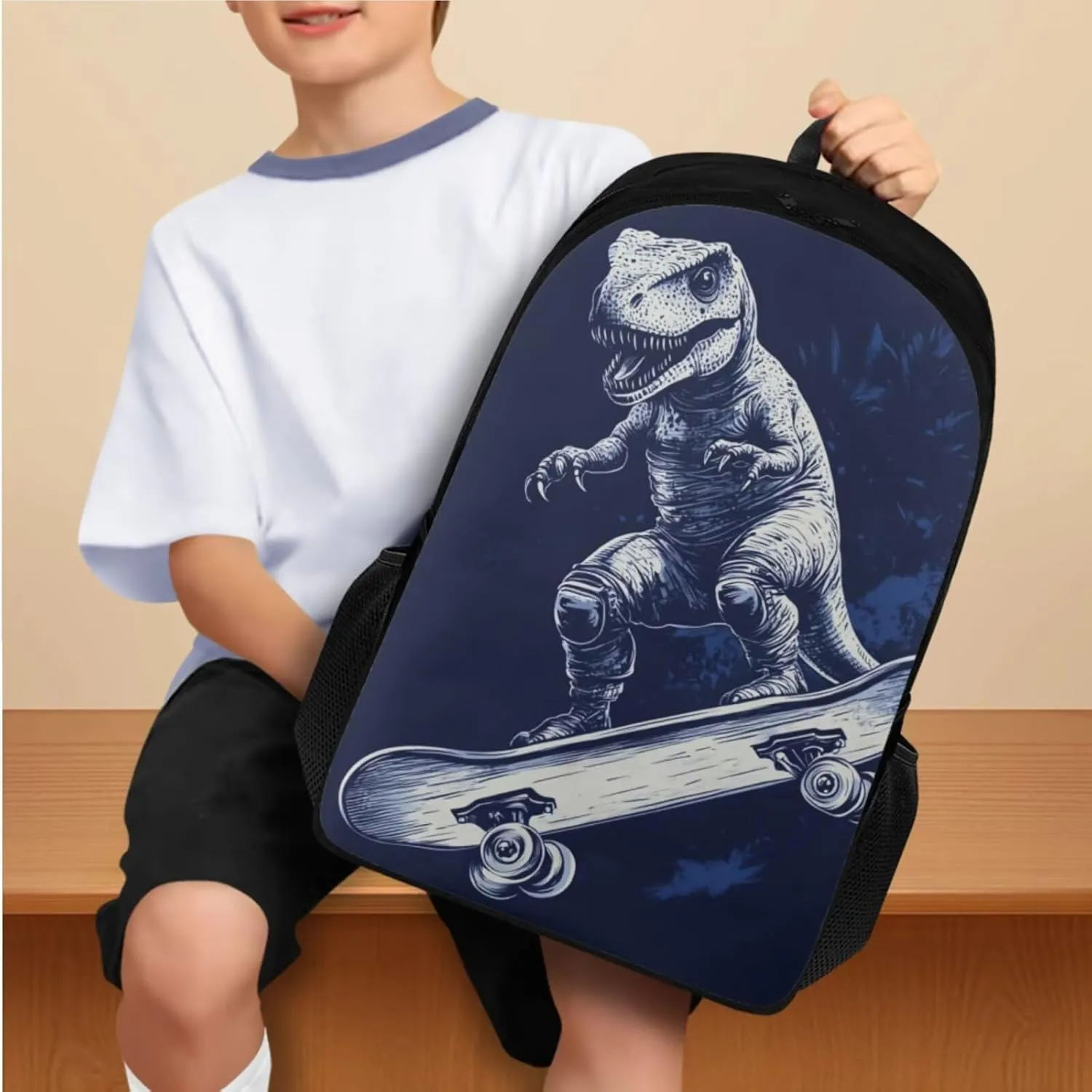 Skateboard Dinosaur Backpack Set for Boys with Lunch Box Kids Lightweight Bookbags with Leakproof Water Bottle and Water Bottle Sleeve for Elementary Middle School Bags Rucksack Daypack