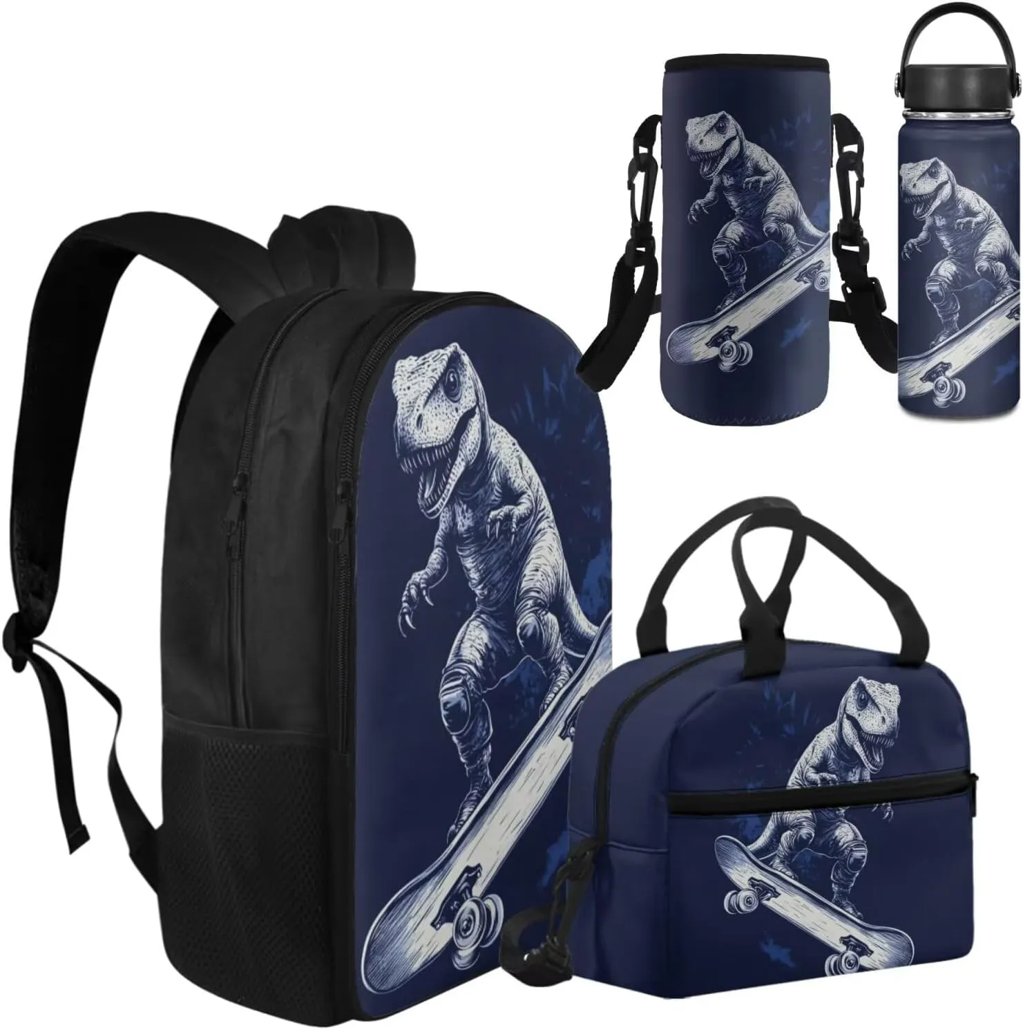 Skateboard Dinosaur Backpack Set for Boys with Lunch Box Kids Lightweight Bookbags with Leakproof Water Bottle and Water Bottle Sleeve for Elementary Middle School Bags Rucksack Daypack