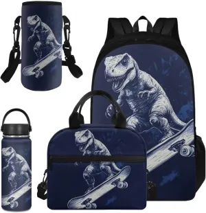 Skateboard Dinosaur Backpack Set for Boys with Lunch Box Kids Lightweight Bookbags with Leakproof Water Bottle and Water Bottle Sleeve for Elementary Middle School Bags Rucksack Daypack