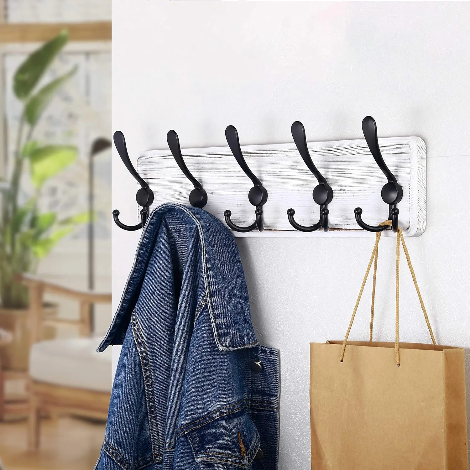 SKOLOO Rustic Wall Mounted Coat Rack: 16" Hole to Hole, Pine Real Wood Plank Wall Coat Rack with 5 Triple Hooks, Farmhouse Coat Hanger Wall Mount for Hanging Backpack Jacket Coat Hat