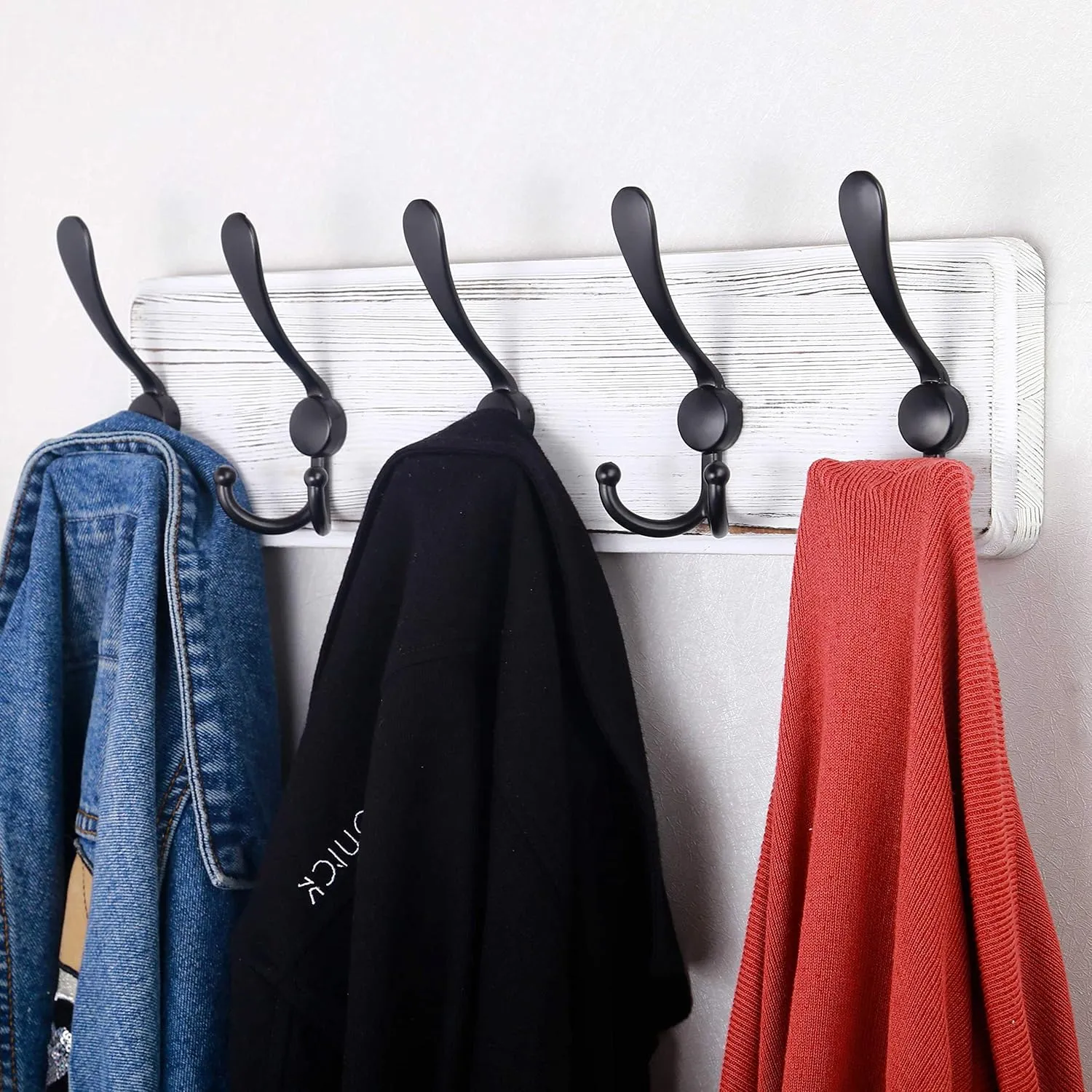 SKOLOO Rustic Wall Mounted Coat Rack: 16" Hole to Hole, Pine Real Wood Plank Wall Coat Rack with 5 Triple Hooks, Farmhouse Coat Hanger Wall Mount for Hanging Backpack Jacket Coat Hat