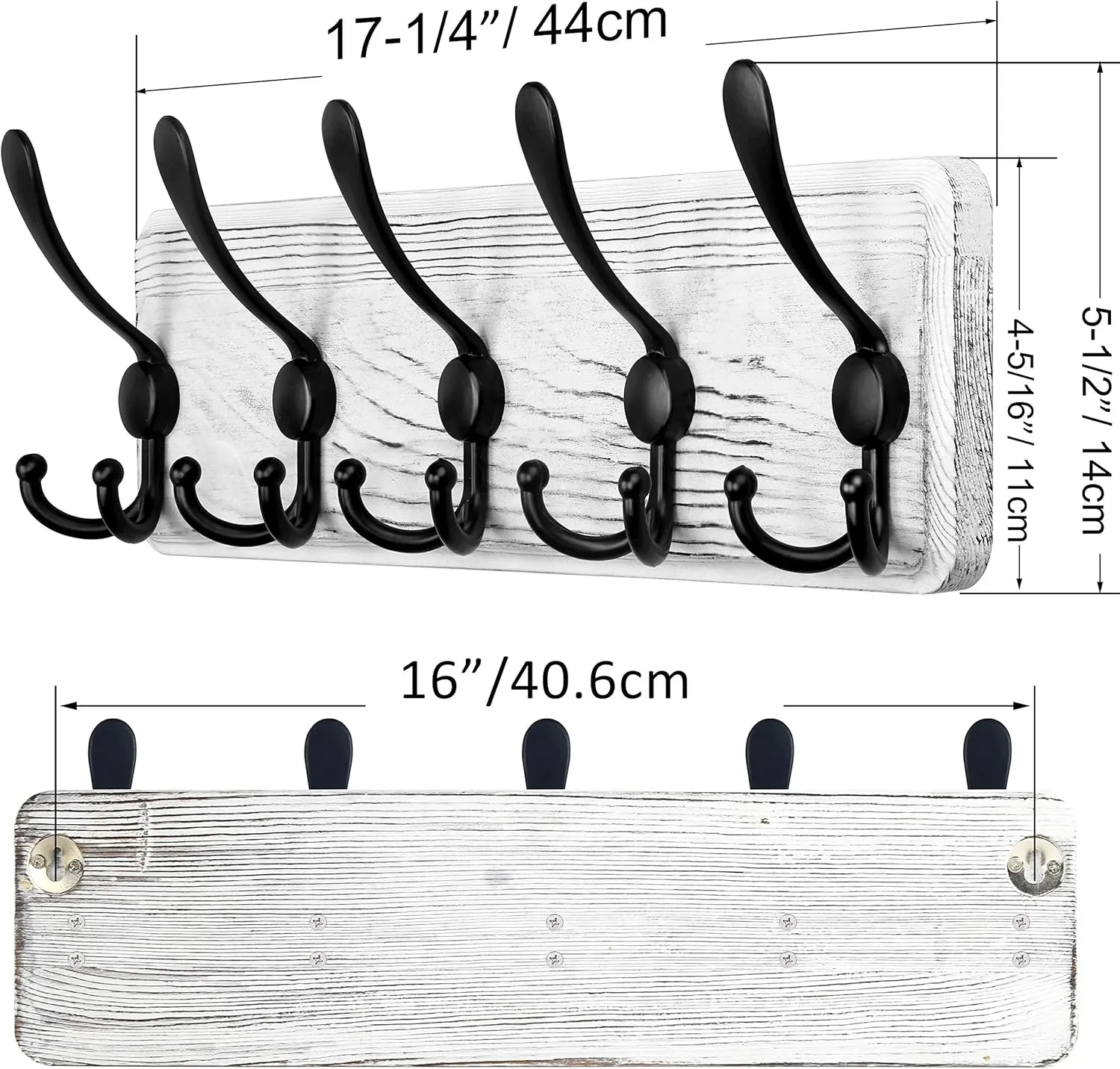 SKOLOO Rustic Wall Mounted Coat Rack: 16" Hole to Hole, Pine Real Wood Plank Wall Coat Rack with 5 Triple Hooks, Farmhouse Coat Hanger Wall Mount for Hanging Backpack Jacket Coat Hat