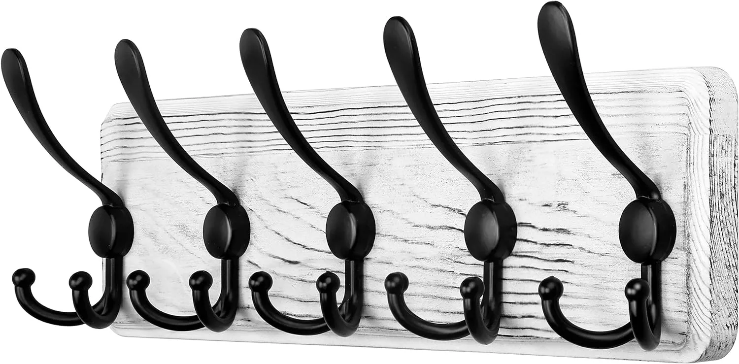 SKOLOO Rustic Wall Mounted Coat Rack: 16" Hole to Hole, Pine Real Wood Plank Wall Coat Rack with 5 Triple Hooks, Farmhouse Coat Hanger Wall Mount for Hanging Backpack Jacket Coat Hat
