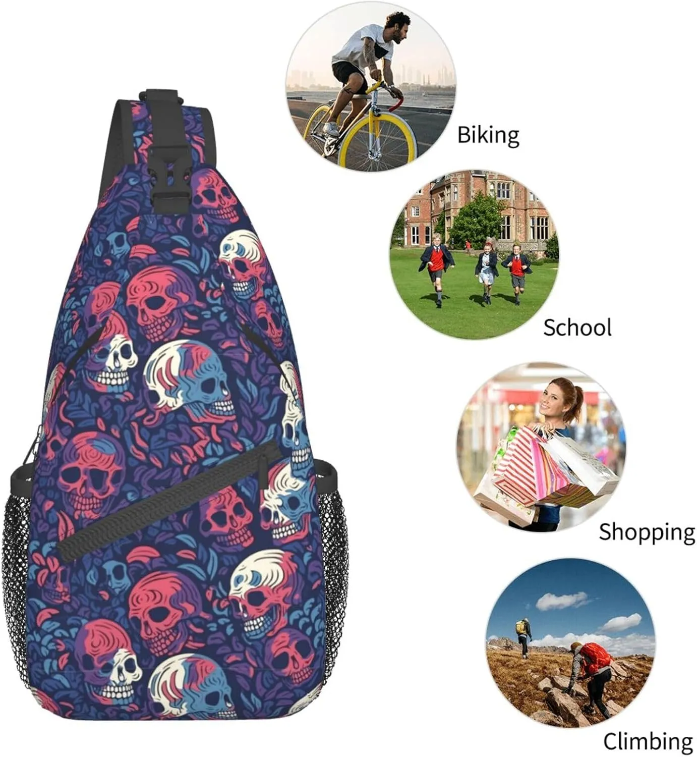 Skull Sling Backpack Chest Bag Crossbody Shoulder Bag Gym Cycling Travel Hiking Daypack For Men Women