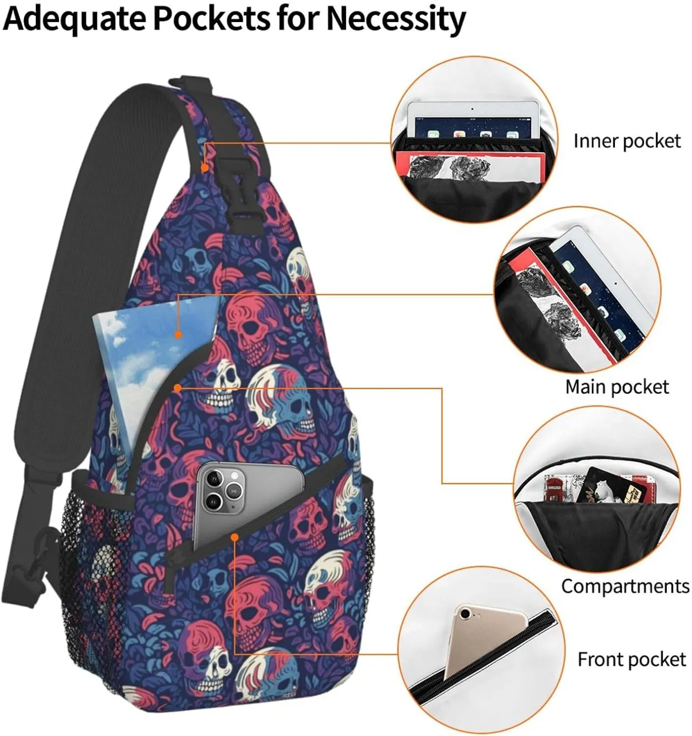 Skull Sling Backpack Chest Bag Crossbody Shoulder Bag Gym Cycling Travel Hiking Daypack For Men Women