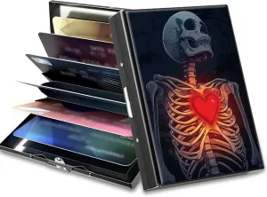 Slim Credit Card Holder, Skull Heart RFID Blocking Metal Wallet for Men & Women, Aluminum Minimalist Hard Case Pocket-Sized Business Cards Organizer (Fits Up to 10 Cards)