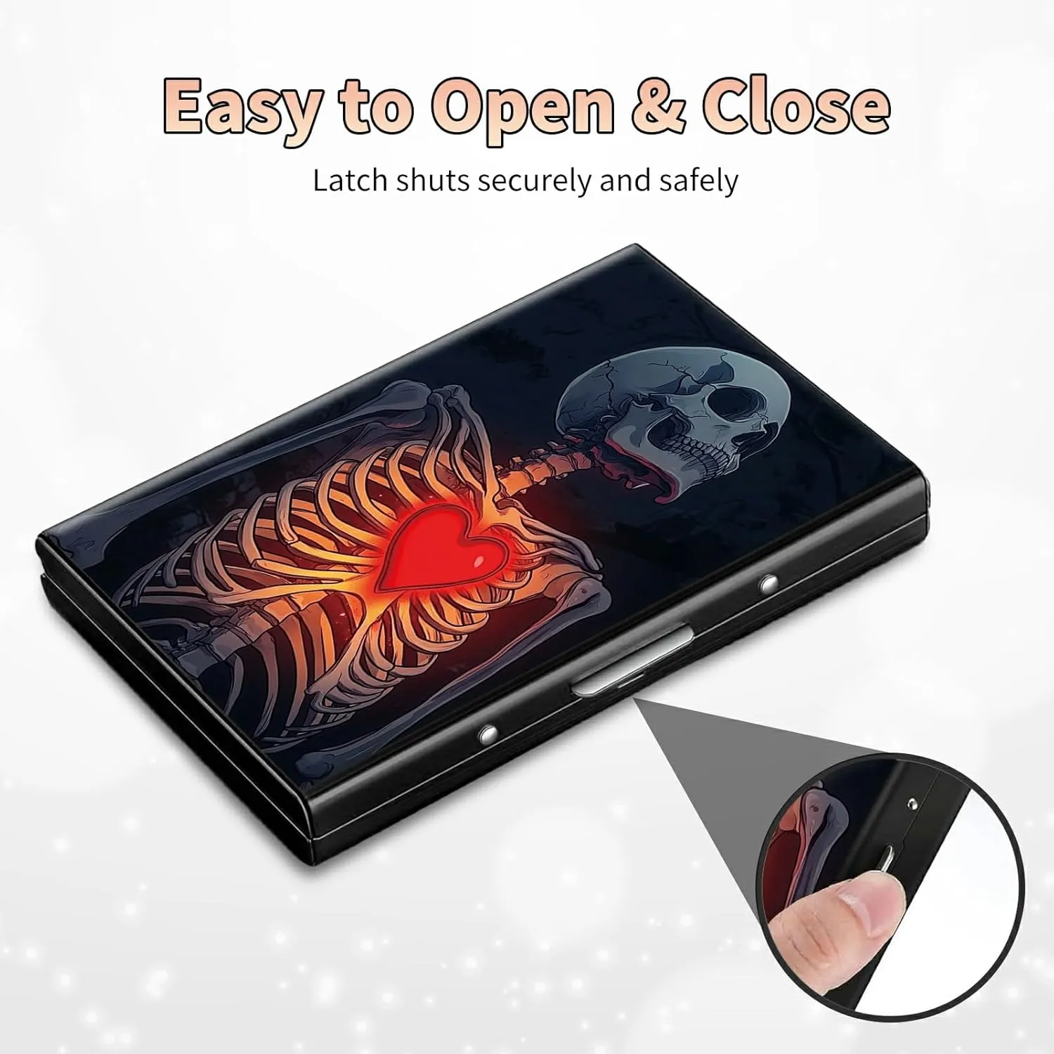 Slim Credit Card Holder, Skull Heart RFID Blocking Metal Wallet for Men & Women, Aluminum Minimalist Hard Case Pocket-Sized Business Cards Organizer (Fits Up to 10 Cards)