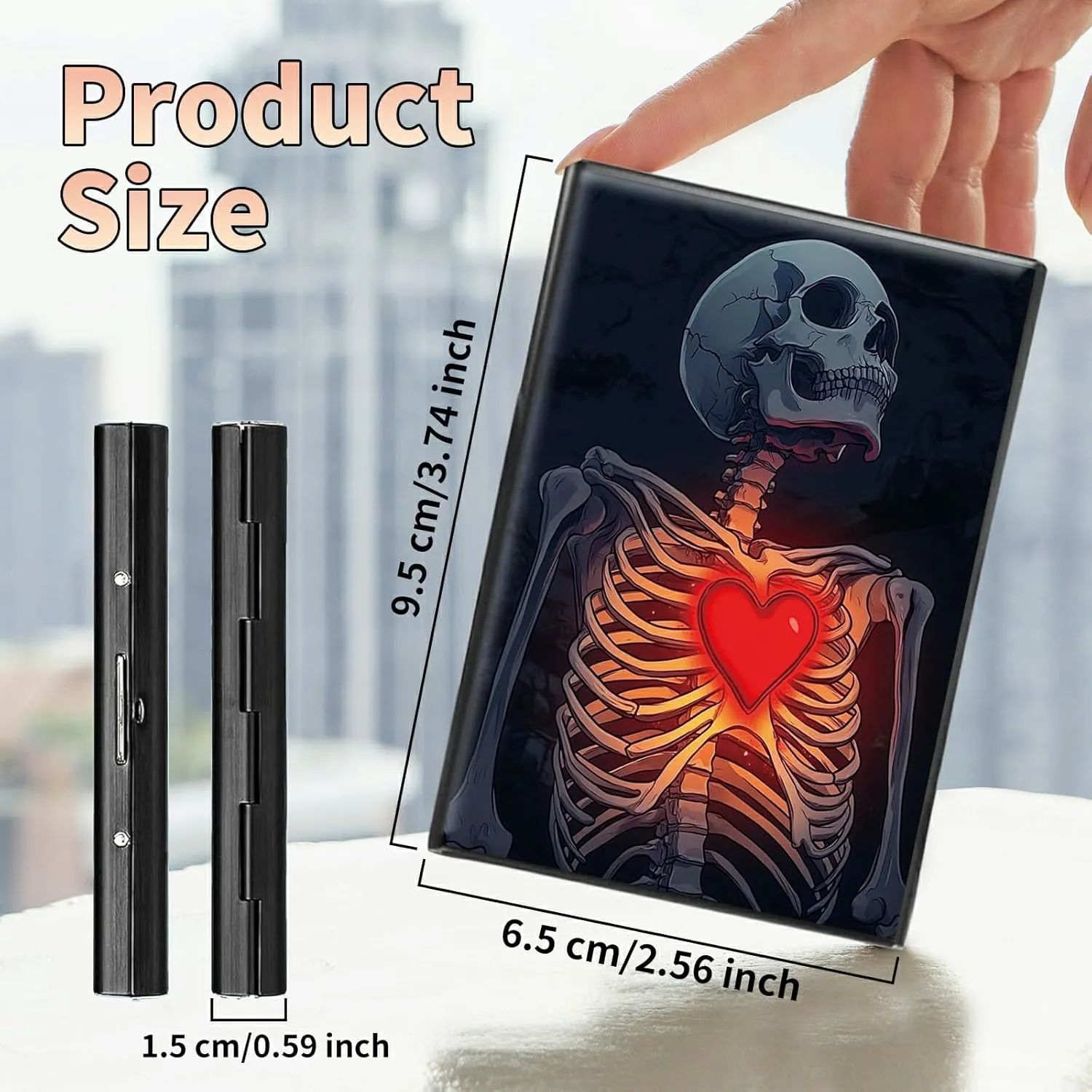 Slim Credit Card Holder, Skull Heart RFID Blocking Metal Wallet for Men & Women, Aluminum Minimalist Hard Case Pocket-Sized Business Cards Organizer (Fits Up to 10 Cards)