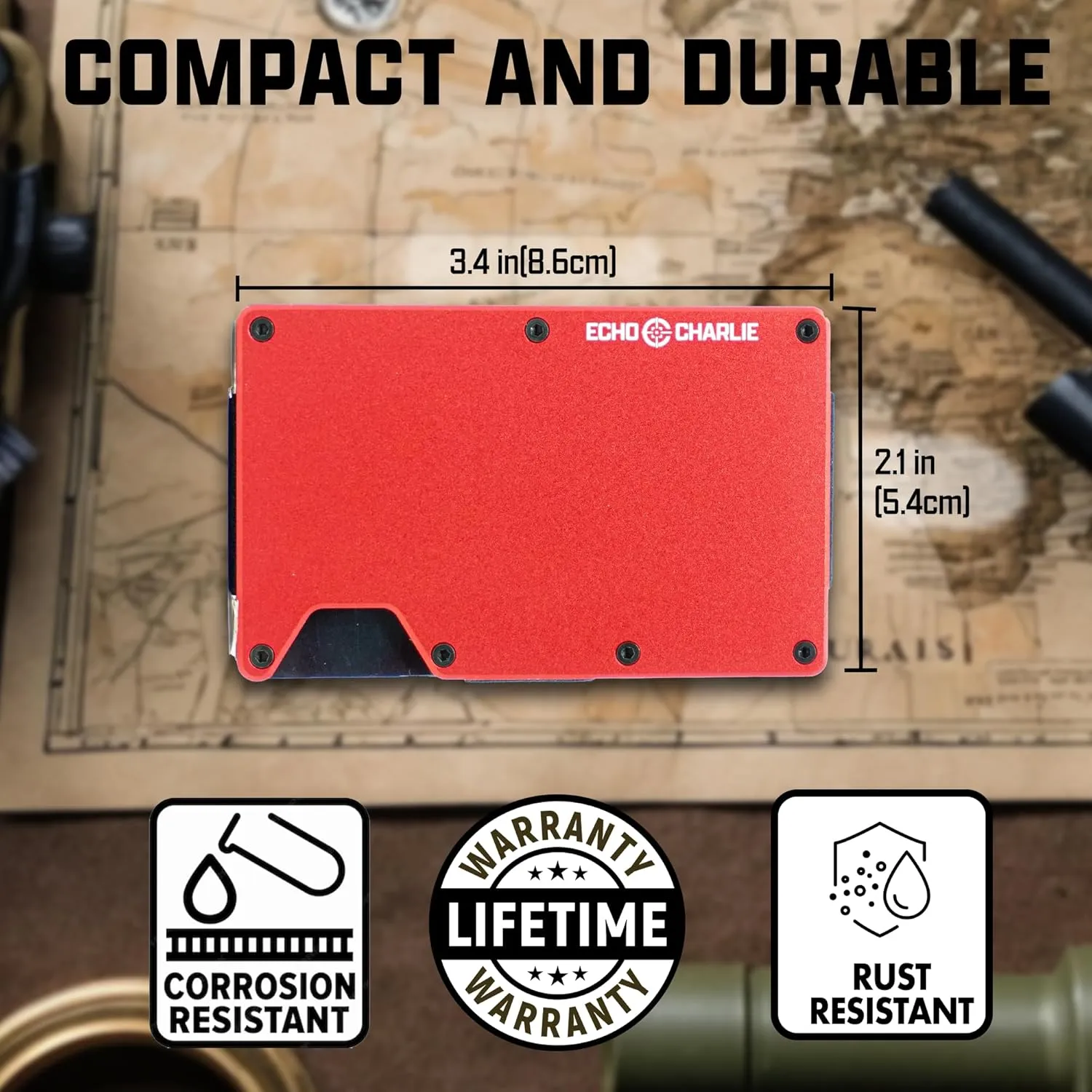 Slim Minimalist Wallet for Men and Women | RFID Blocking Front Pocket Metal Wallet Card Holder | with Removable Money Clip and Cash Strap | Aluminum, Firehouse Red