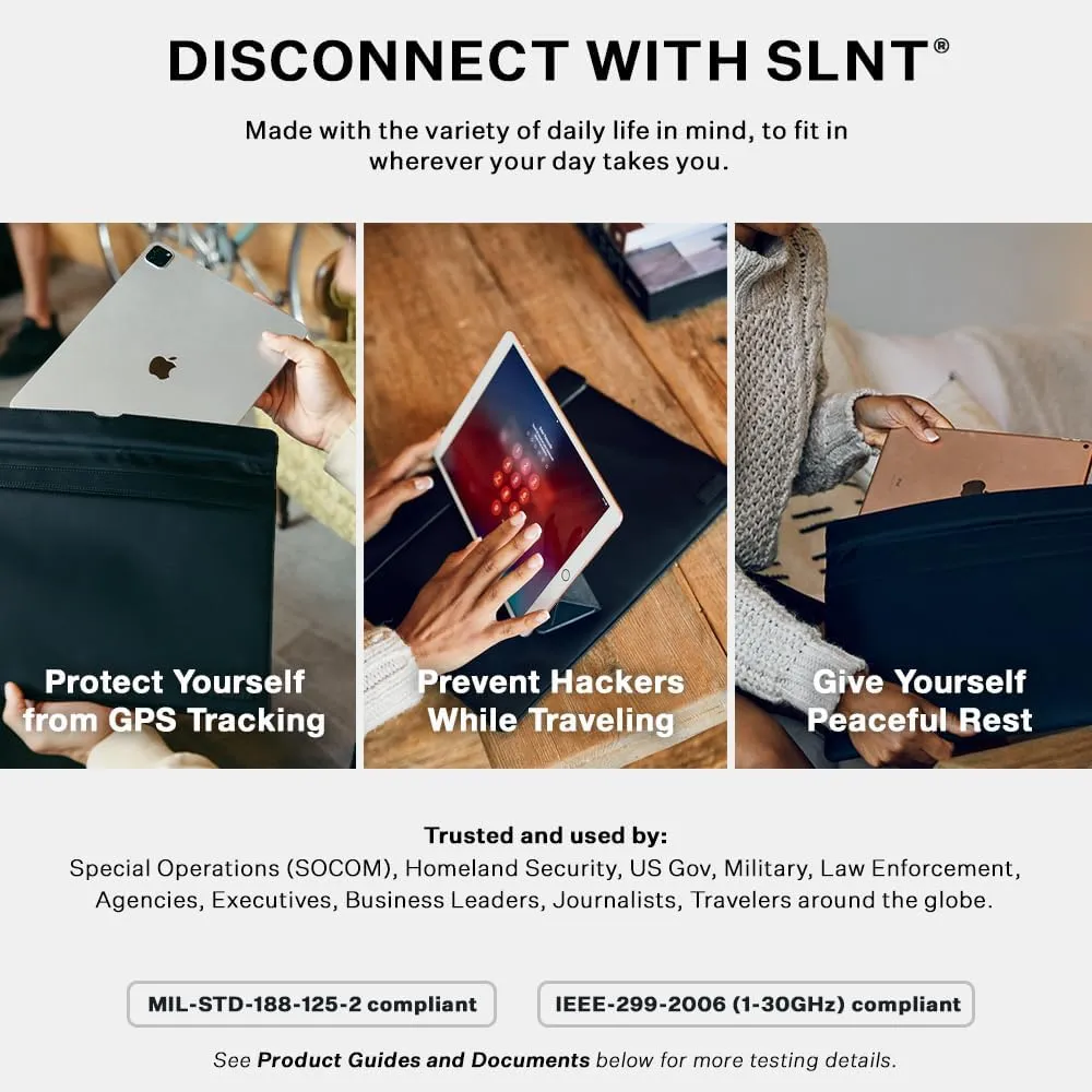 SLNT Faraday Bag Leather Tablet Sleeve with Silent Pocket - Signal Blocking Device Shielding for iPad, Samsung Galaxy Tab, Most Tablets, Travel, Privacy (Black Leather, X-Large)