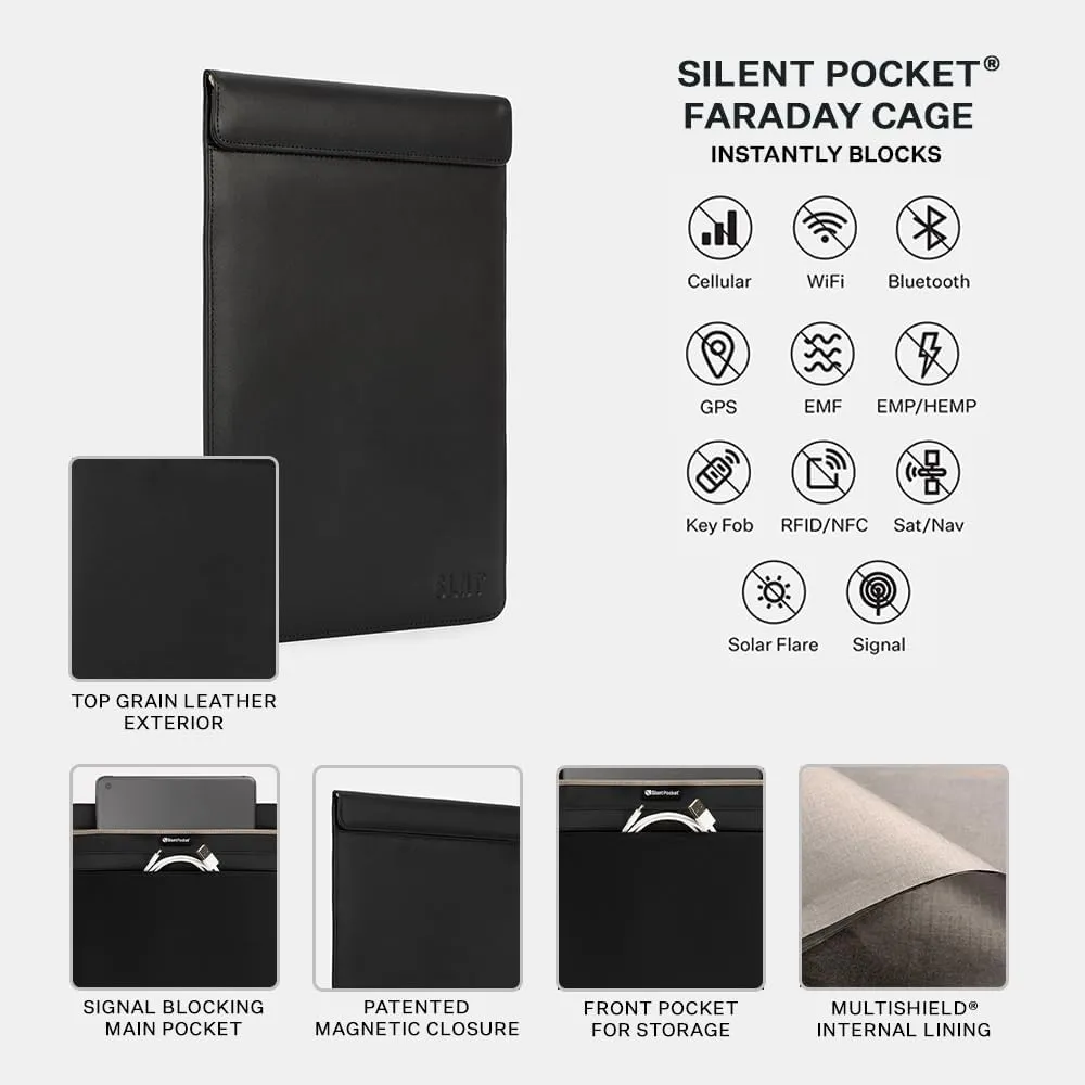 SLNT Faraday Bag Leather Tablet Sleeve with Silent Pocket - Signal Blocking Device Shielding for iPad, Samsung Galaxy Tab, Most Tablets, Travel, Privacy (Black Leather, X-Large)