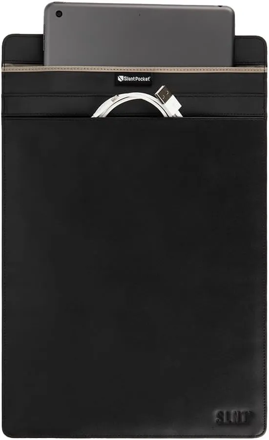 SLNT Faraday Bag Leather Tablet Sleeve with Silent Pocket - Signal Blocking Device Shielding for iPad, Samsung Galaxy Tab, Most Tablets, Travel, Privacy (Black Leather, X-Large)