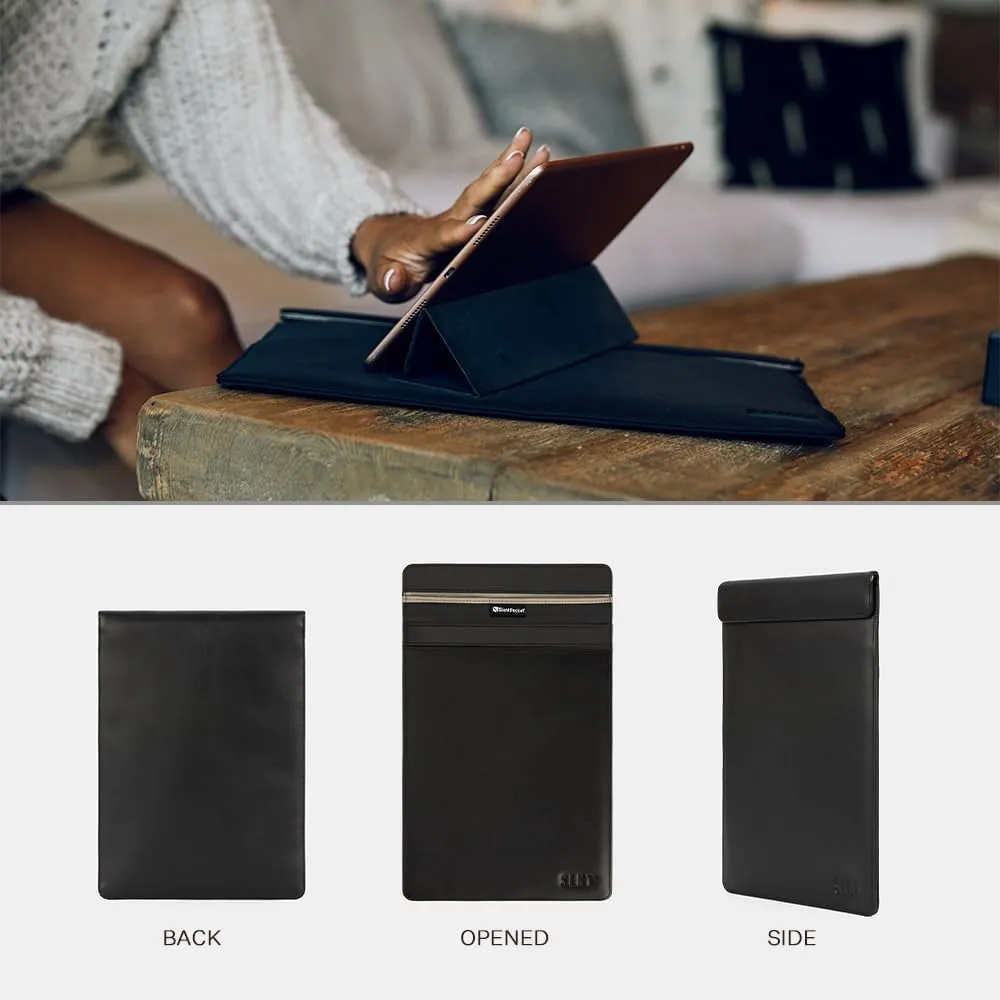 SLNT Faraday Bag Leather Tablet Sleeve with Silent Pocket - Signal Blocking Device Shielding for iPad, Samsung Galaxy Tab, Most Tablets, Travel, Privacy (Black Leather, X-Large)