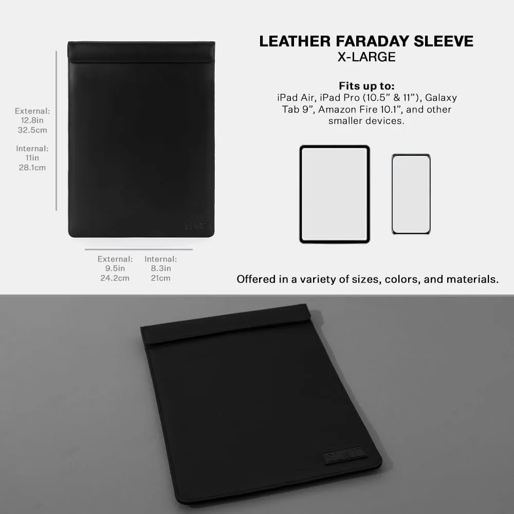 SLNT Faraday Bag Leather Tablet Sleeve with Silent Pocket - Signal Blocking Device Shielding for iPad, Samsung Galaxy Tab, Most Tablets, Travel, Privacy (Black Leather, X-Large)