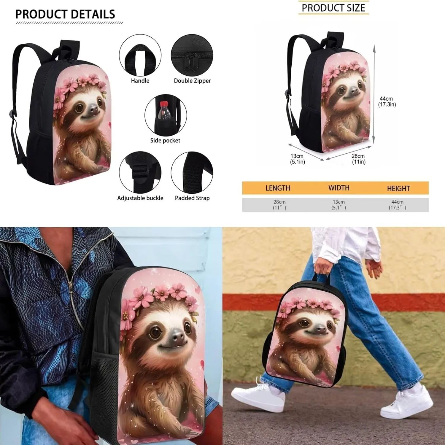 Sloth Backpack Set for Boys 6-8 Lightweight Bookbag for Middle School Students Teens Shoulder Bag with Adjustable Strap for Primary Elementary Middle School/Outdoor/Travel/Sports