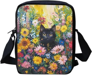 Small Crossbody Bag for Women Trendy Flower Cat Messenger Bags Lightweight Shoulder Bag with Side Pocket Portable Purse Organizer