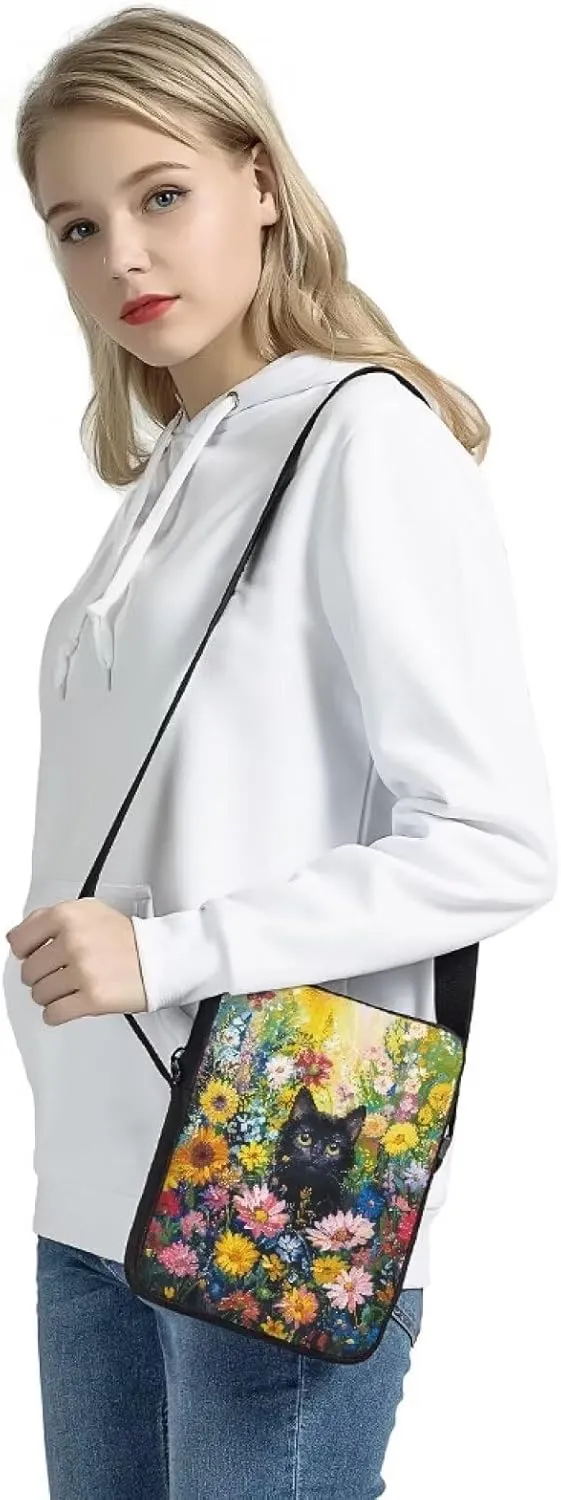 Small Crossbody Bag for Women Trendy Flower Cat Messenger Bags Lightweight Shoulder Bag with Side Pocket Portable Purse Organizer