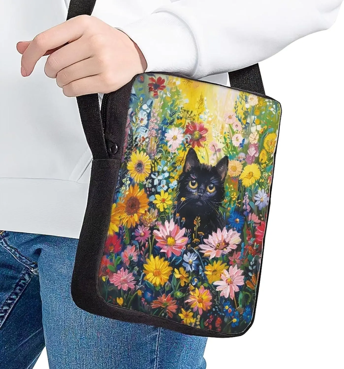 Small Crossbody Bag for Women Trendy Flower Cat Messenger Bags Lightweight Shoulder Bag with Side Pocket Portable Purse Organizer