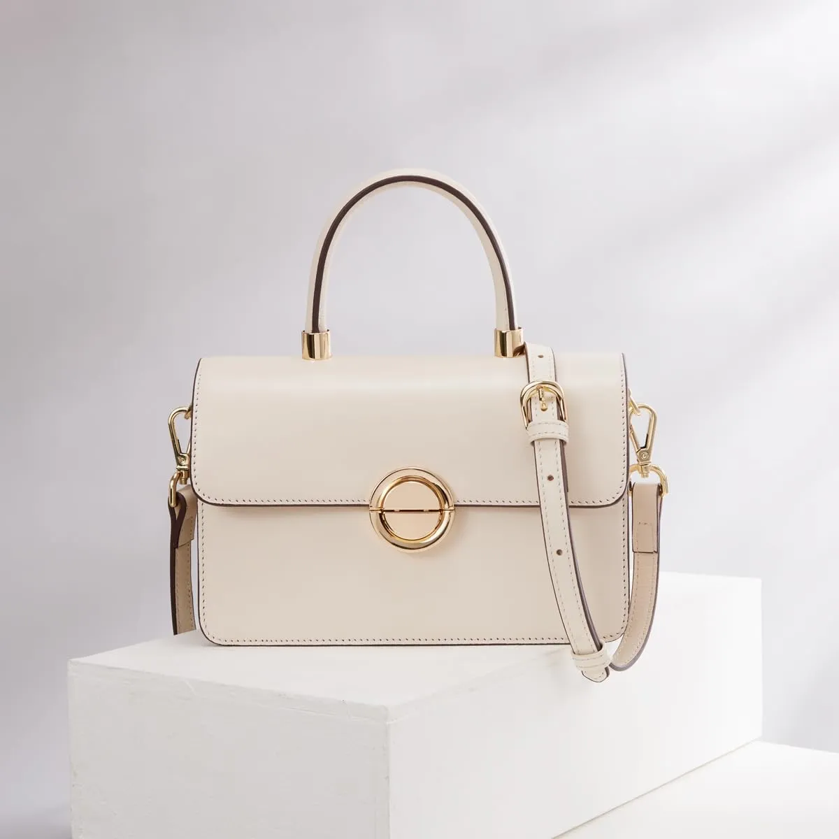 Small Leather Top-Handle Satchel Handbag with Square Crossbody Strap for Women