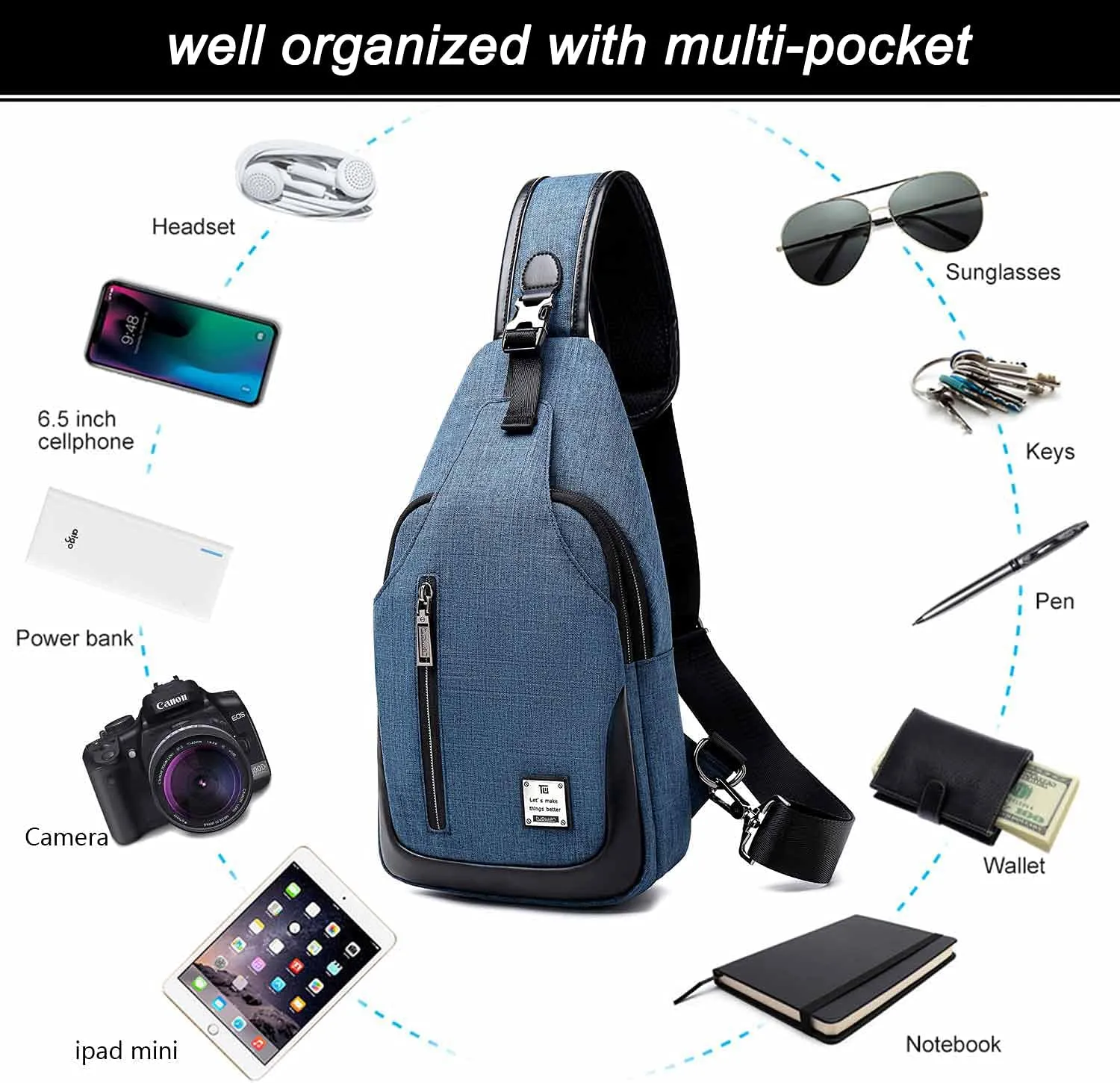 Small Sling Bag Crossbody Backpack Over the Shoulder Bag for Men Women Travel Outdoors, Lightweight Sling Chest Pack (Large, Blue)